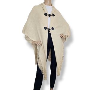 Cream Knit Fringe Hem Horn Buckle Cape Shawl Poncho by Bong Bong